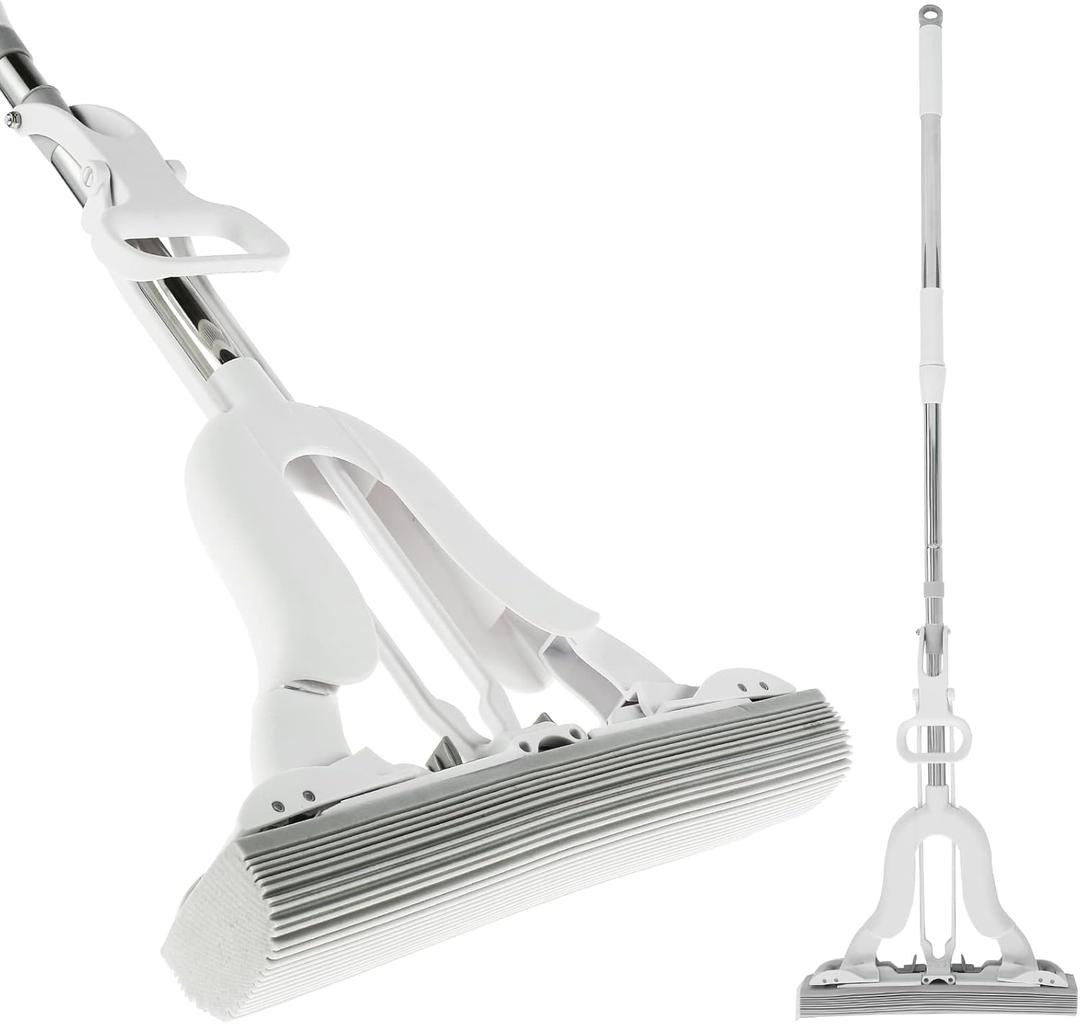 Elegant White PVA Sponge Mop, Adjustable Handle & Super Absorbent Sponge for Wet and Dry Cleaning, Self-Wringing Mop with 12.9in Head, Removable & Reusable Roller for Effortless Home Floor Cleaning