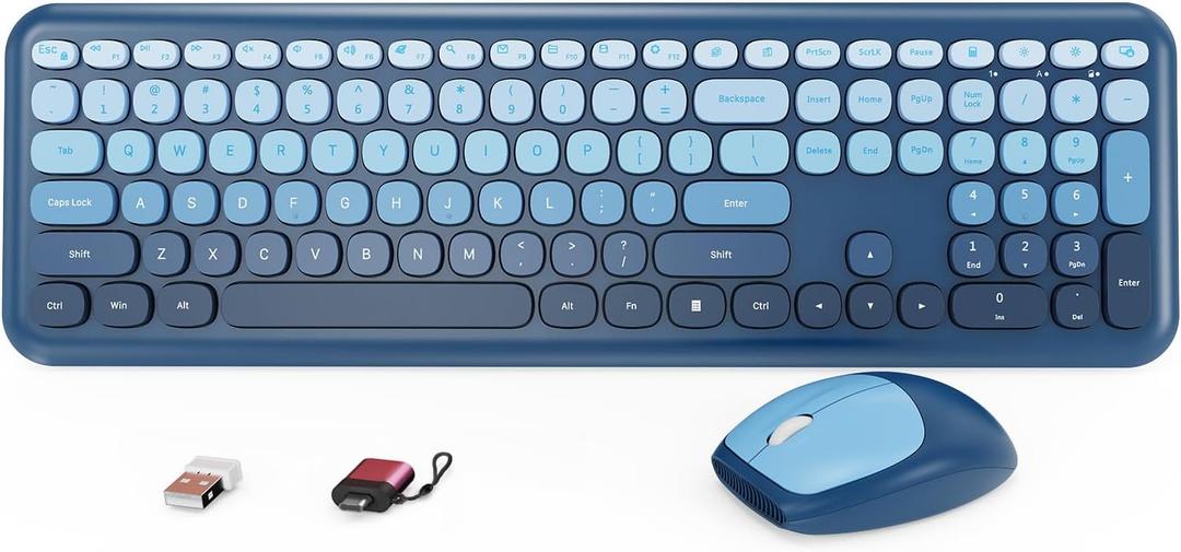 HotFox Wireless Keyboard and Mouse Combo, Full-Size Retro Typewriter Keyboard with Round Keycaps, Ergonomic Design for Windows PC, Home and Office Use -Blue