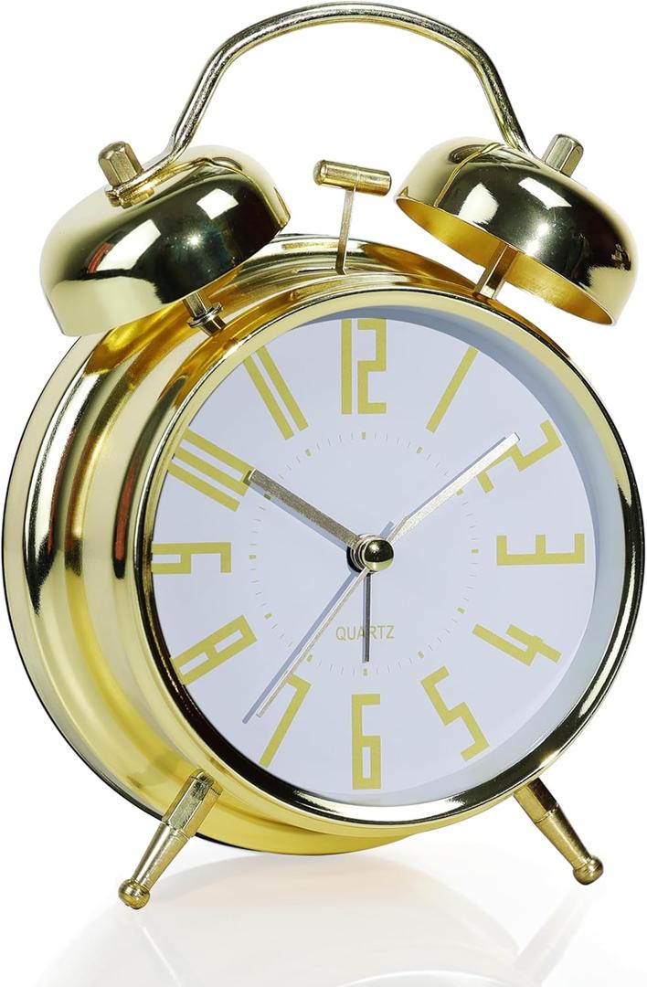 Super Loud Alarm Clock for Heavy Sleepers Adults,Twin Bell Retro 4 Inch Silent Non-Ticking Quartz with Backlight, Metal dial, Alarm Clocks for Bedrooms Bedside (Gold-White)