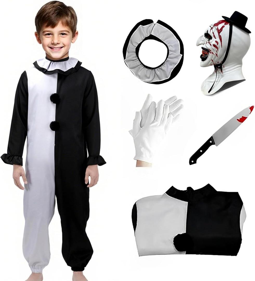 Terrifying Art Clown Costume Kids Horror Killer Clown Costume with Mask Scary Halloween Cosplay Outfits (Medium130)