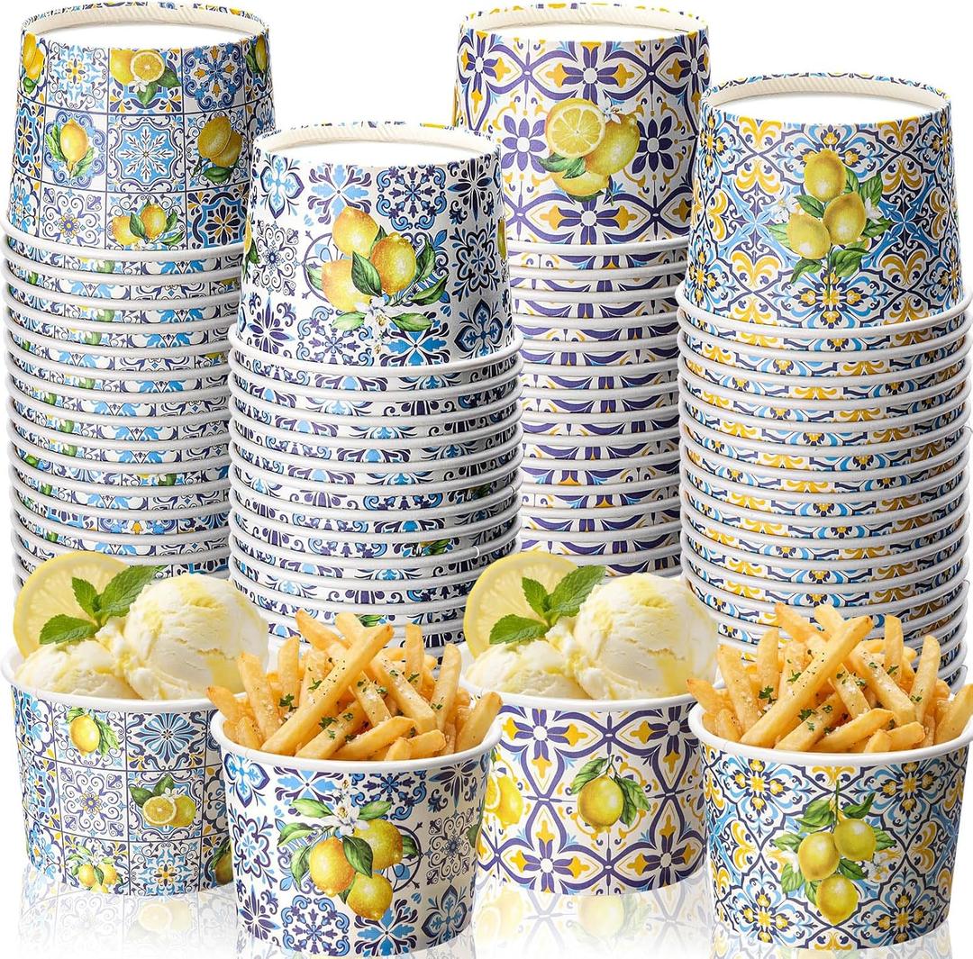 60 Pcs Capri Lemon Ice Cream Cups 9 oz Paper Disposable Dessert Bowls Blue Tiles Yellow Fruit Amalfi Coast Party Decorations for Hot or Cold Snack Mediterranean Summer Birthday Party Favors