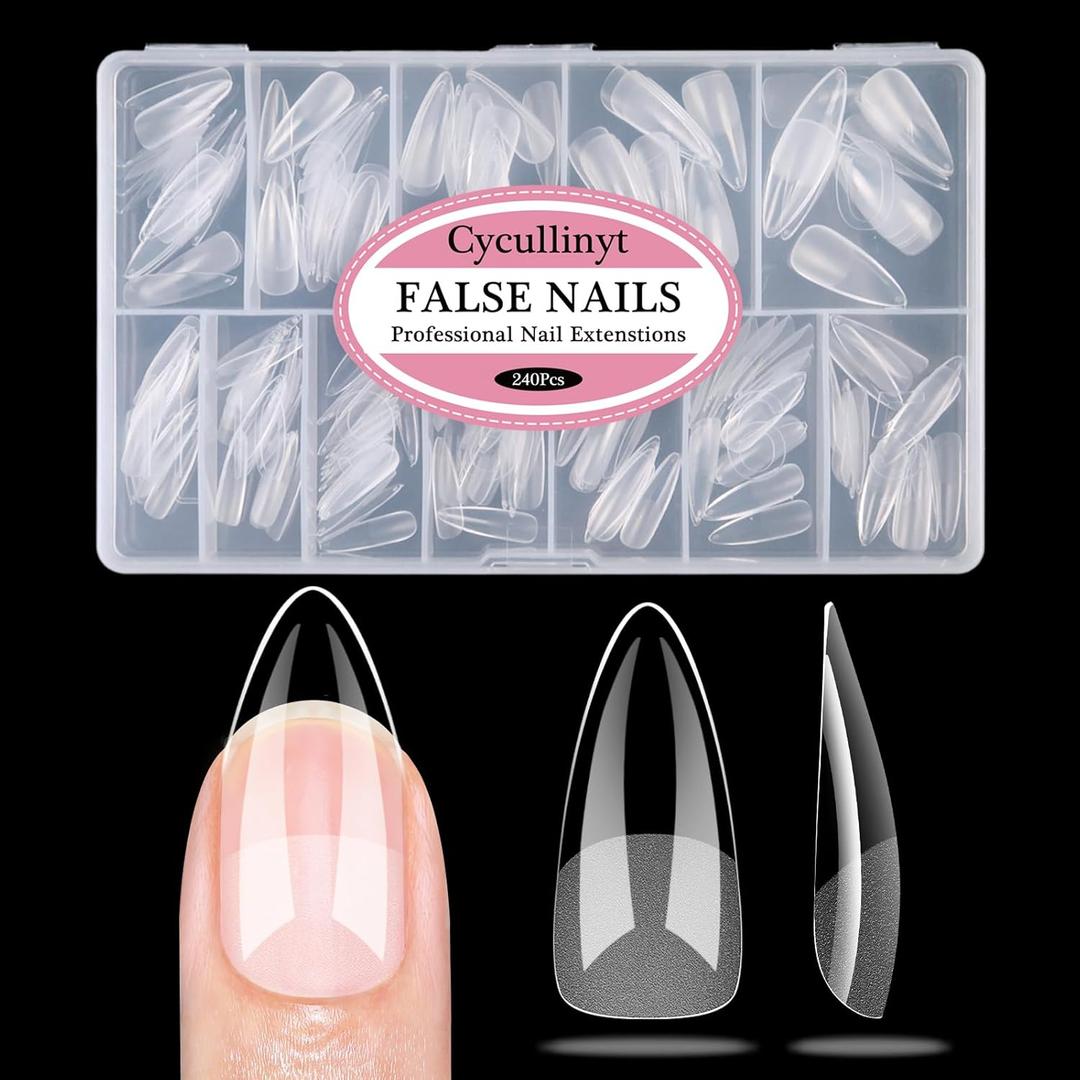 2 x Long Almond Soft Gel Nail Tips: 240Pcs Pre-Shaped Half Matte False Nail Tips Full Cover Acrylic Clear Fake Nails Extension for Manicure Home DIY 12 Sizes
