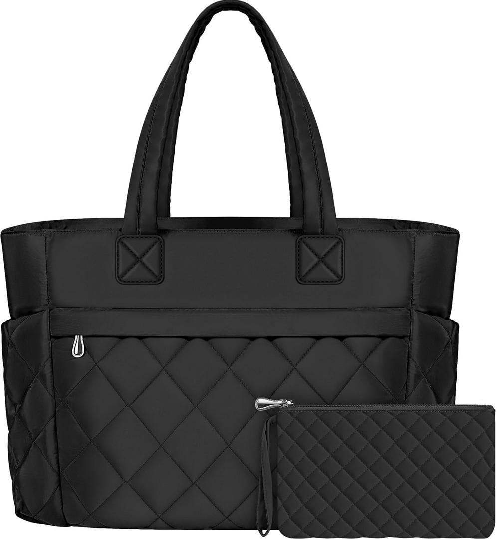 Tote Bag for Women, 15.6 Inch Laptop Bag, Large Quilted Work Shoulder Bag Ultra Lightweight Puffer Handbag for Travel (23L, Black)