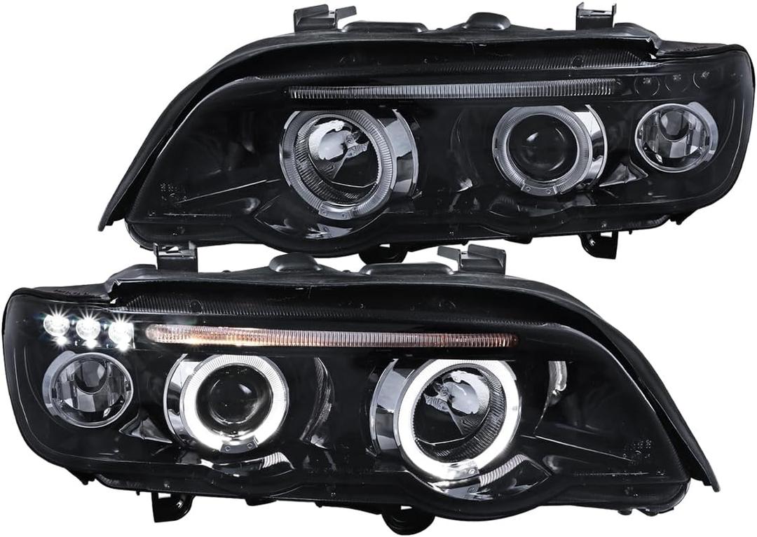 Spec-D Tuning Glossy Black Smoke LED Dual Halo Projector Headlights Compatible with 2001-2003 BMW E53 X5 All, Left + Right Pair Headlamps Assembly