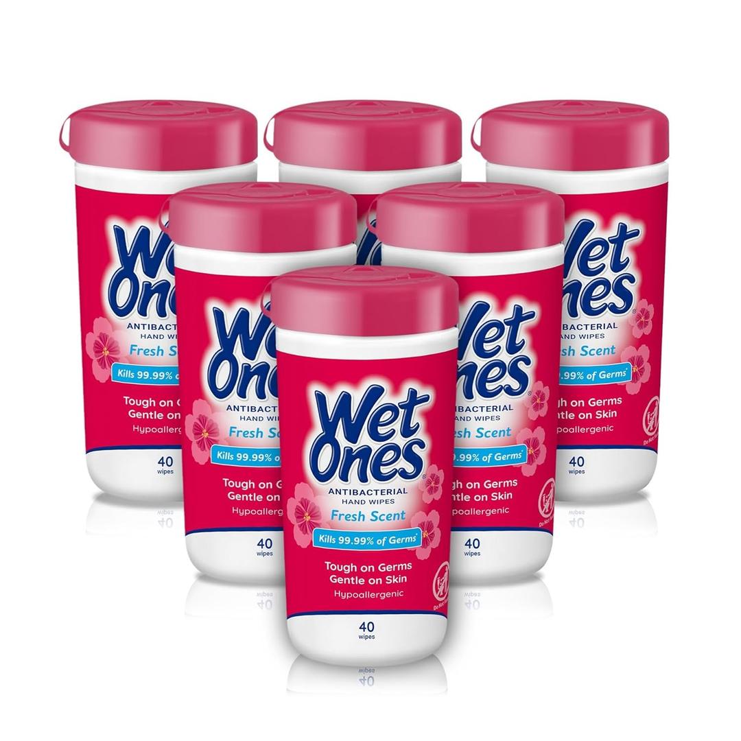 Wet Ones Antibacterial Hand Wipes, Fresh Scent Wipes | Antibacterial Wipes, Hand Sanitizer Wipes, Wet Ones Wipes, 40 ct. Canister (6 pack)