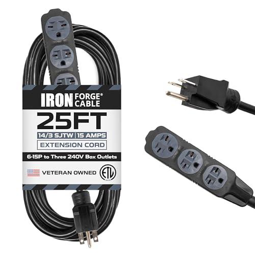 Iron Forge Cable 25 Ft Extension Cord with 3 Outlets - Extension Cord, 6-15P to Three Box Outlets Black 14 Gauge, SJTW 220/240 Volt Cord Heavy Duty