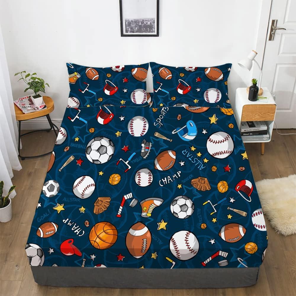 Gusuhome Boys Sports Fitted Sheet Full/Queen Size 3D Soccer Basketball Baseball Football Bedding for Kids Teens Bedroom Comfy Deep Pocket Bed Sheet Set Decorative for Sports Fans Blue (Cl03)