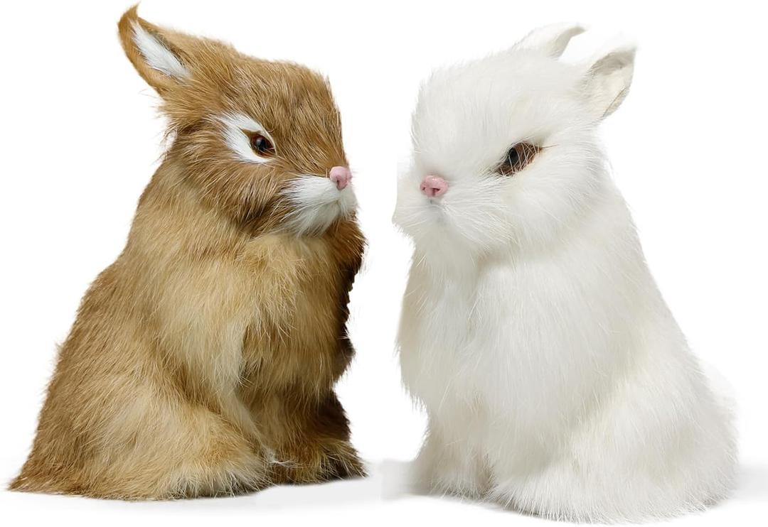 Realistic Furry Easter Bunny Decorations- Set of 2 Lifelike Easter Bunnies Decor for Home, Photography Props, Party Favors and Collectible Gifts