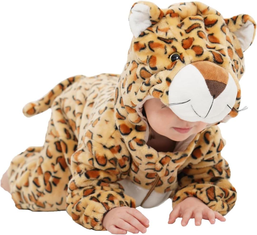 Unisex Baby Animal Costume Pajamas, Infant Flannel Hooded Halloween Romper Cosplay Costume/Homewear/Sleepwear (3-4T/Height:39"-43", Leopard)