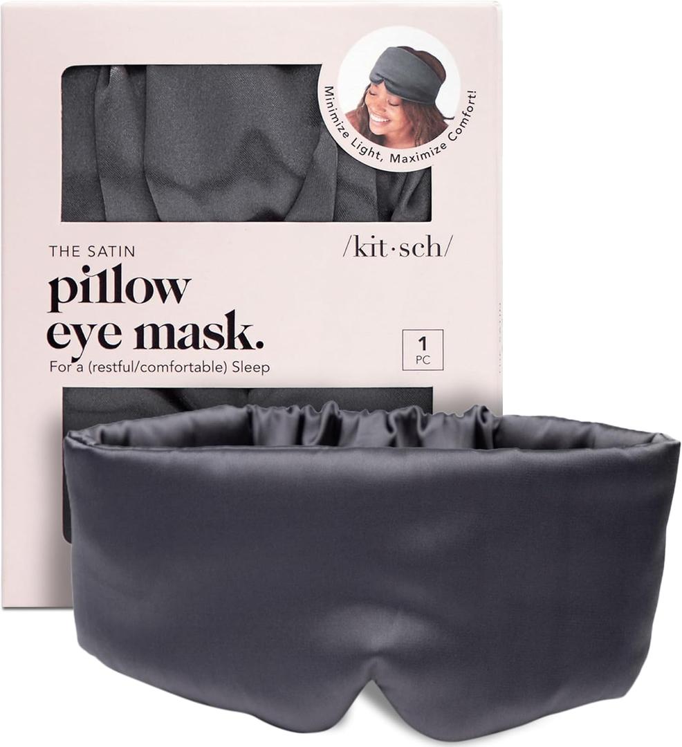 Kitsch Satin Sleep Mask - Eye Mask for Sleep, Softer Than Silk Satin Sleeping Mask Blindfold and Sleep Masks for Women and Men, Eye Care Travel Essentials - Charcoal Black (Charcoal)