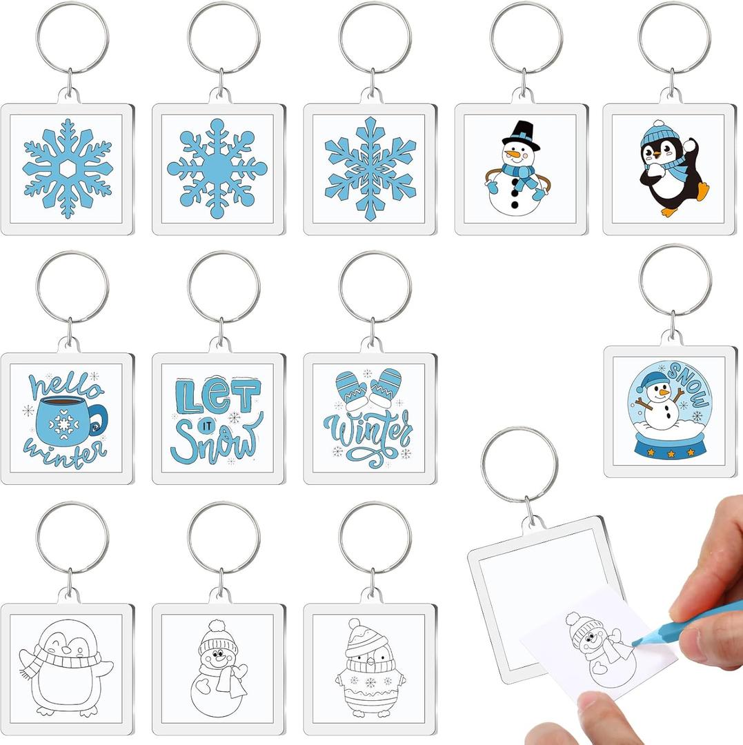 Siifert 24 Pcs Winter Acrylic Keychains Crafts Color Your Own Acrylic Keychains Bulk DIY Paper Crafts Kit for Adult Party Favor Gifts Activities, 12 Styles