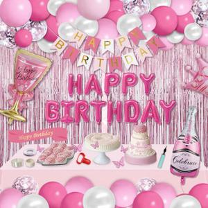 Party Spot! 103 pc Pink Birthday Decorations - Balloon Arch, Tablecloth, Banner, Fringe Curtains for Women's Pink Party
