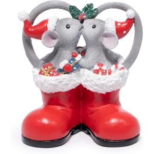Hodao Christmas Mouse Figurines in Red Santa Shoe  Cute Holiday Couple with Gifts & Ornaments, Festive Home Table Shelf, Entryway, Mantel Decoration (Red)