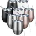 COMOOO Stainless Steel Wine Tumbler with Lid and Straw 12oz Double Wall Vacuum Insulated Travel Tumbler Cup for Coffee, Wine, Cocktails, Champagne (Black White Silver and Rose Gold,8 Pack)