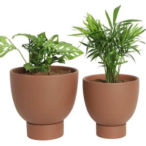 vensovo Dark Terracotta Self Watering Plant Pot - 2 PCS 6 Inch & 8 Inch Terra Cotta Plant Pot with Drainage Hole and Saucer, Small & Large Clay Flower Pot with Tray, Planter for Indoor Outdoor, 6.5 inches