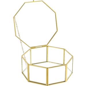 Glass Vintage Jewelry Box, Octagon Gold Display Organizer, Vanity Lidded Home Decor Accent for Storage Trinket Rings Bracelet - Big