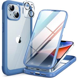 Miracase Glass Series for iPhone 14 Case 6.1 inch, [Built-in Tempered Glass Screen Protector] [Bubble Free] Full-Body Protective Bumper Phone Case with Camera Lens Protector, Blue