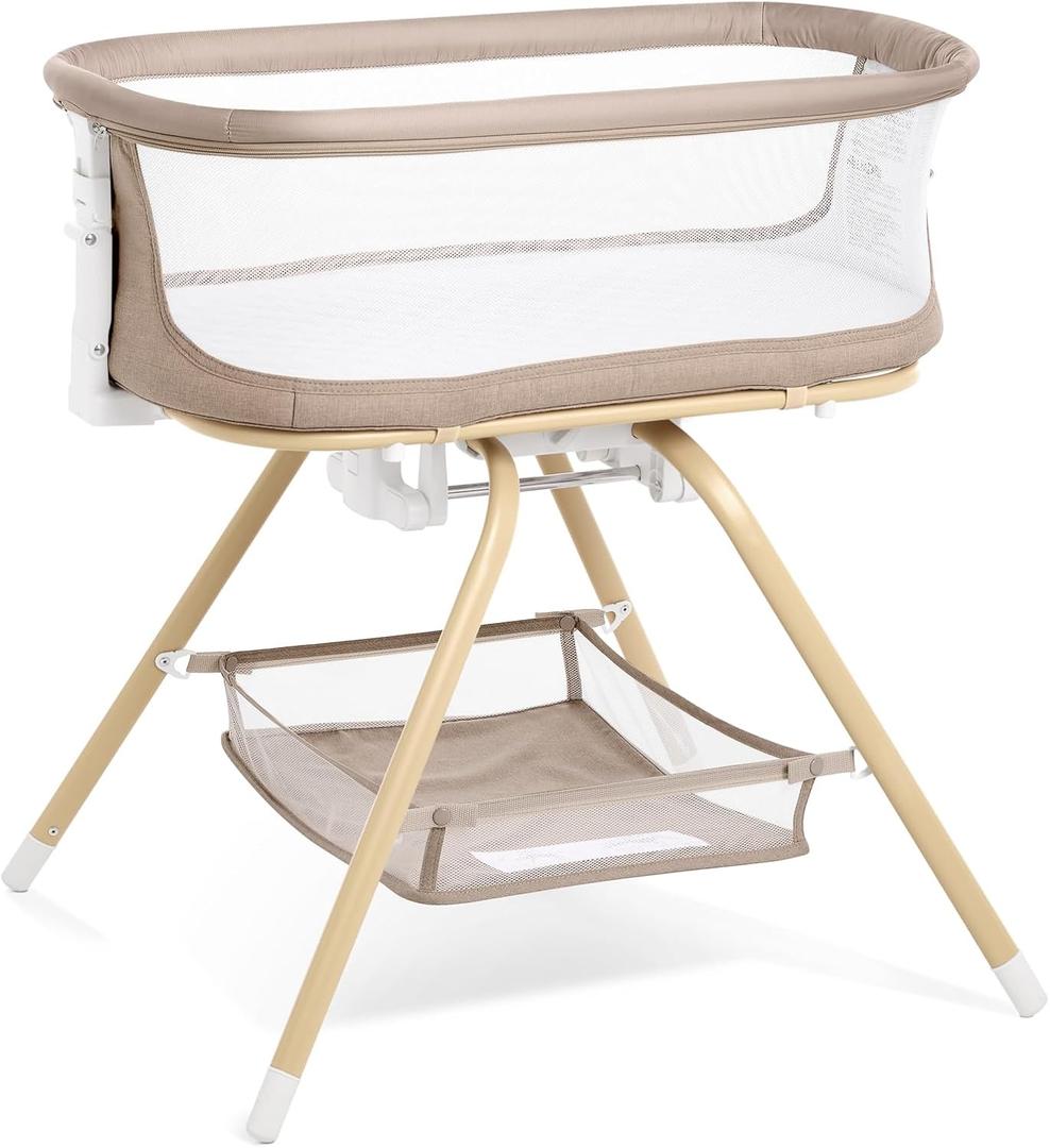 ANGELBLISS 3 in 1 Baby Bassinet, Rocking Bassinets Bedside Sleeper with Calming Motion, Portable Nest for Newborn Infant, Breathable Mesh (Khaki), Crib