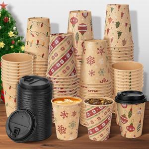 100Set Christmas Disposable Paper Cups with Lids 12oz, Bulk Xmas Hot Cocoa Cups Coffee Cups, Holiday Kraft Paper Cups for Hot Chocolate Cold Drinks Christmas New Year Winter Party Supplies Decorations