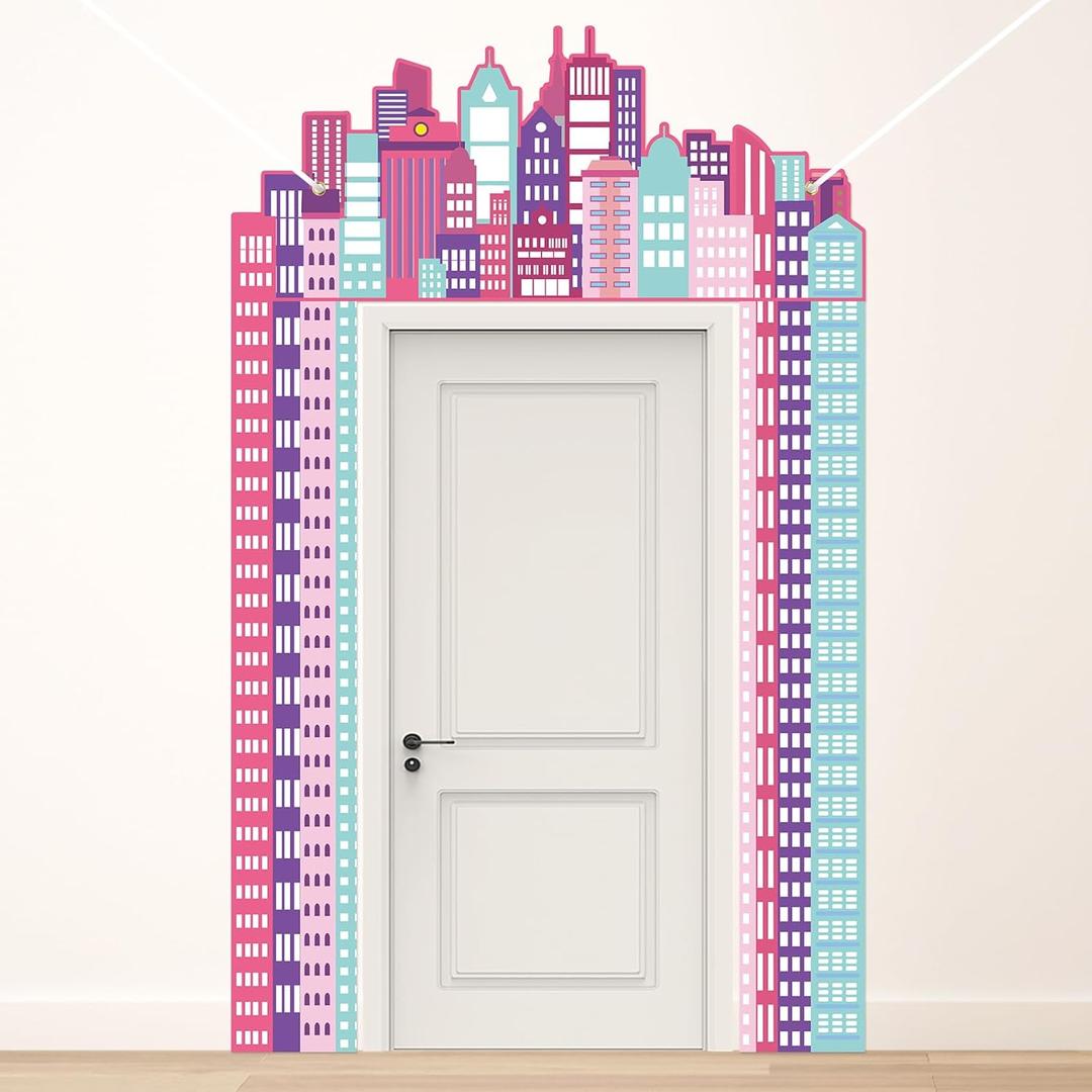 Hero Party Porch Banner Pink Hero Themed Birthday Party Decoration Super City Door Banner Skyline Building Porch Sign Hanging Banner Backdrop for Girls Birthday Baby Shower Photo Booth Prop Supplies