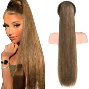 SEIKEA 28" Ponytail Extensions Drawstring Long Straight Fake Pony Tail Natural Soft Clip in Hair Extension Synthetic Heat Resistant Hairpiece - Ash Blonde with Golden Blonde (28 Inch 155G (Pack of 1))
