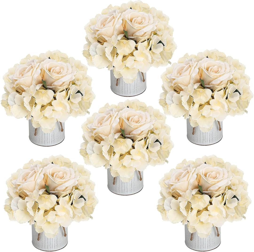 Flower Table Centerpieces - Set of 6 Floral Arrangement Artificial Wedding Hydrangeas Floral Arrangement with Rustic Metal Vase for Bridal Tea Party Event Decorations - Champagne