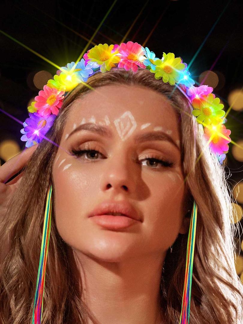 JONKY Light Up Daisy Headband Rainbow Hippie Flower LED Headbands Tassel Floral Headpiece Rave Hair Accessories for Women (Style2)