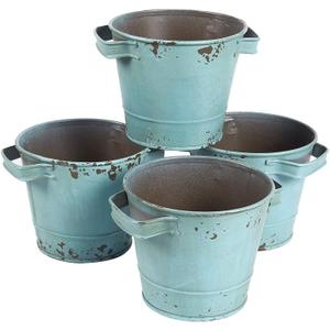 Juvale 4-Pack Small Blue Galvanized Metal Buckets with Handles - Rustic Tin Flower Buckets - 5 x 4 Inch Galvanized Planters for Home Garden