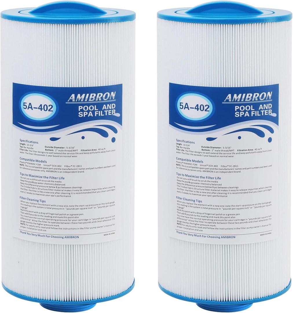 5CH-402 Replaces Tuff Spa Filter, Compatible with Sundance Spas 6540-723, Pleatco PJW40SC-F2M, Filbur FC-2811, Unicel 5CH-402, Del Sol Spas, 2" Male Thread/MPT 40 sq.ft. Hot Tub Filter 2 Pack