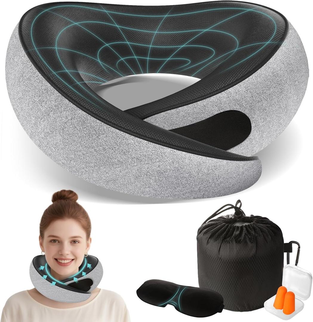 FIOGIKO Travel Neck Pillows for Airplanes - 360 Ergonomic Memory Foam Travel Pillow - Relief Neck Pain with Breathable Support for Long Flights, Car, Train & Office Use - Adults & Kids (Light Gray)