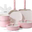 SENSARTE 17 Piece Ceramic Pots and Pans Set, Nonstick Detachable Handle Cookware, Induction Kitchen Cookware Set with Removable Handle, Dishwasher  Oven Safe (Pink)