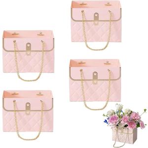 NADUSEP 4 PCS Flower Paper Gift Bag, 2023 New Bouquet Storage Bucket with Metal Chain, Florist Handbag Gift Case for Graduation Wedding Party Birthday Valentine's Mother's Day, Gift Craft Wrap Bags for Bridal Shower, Anniversary, Thanksgiving, Christmas (Pink)