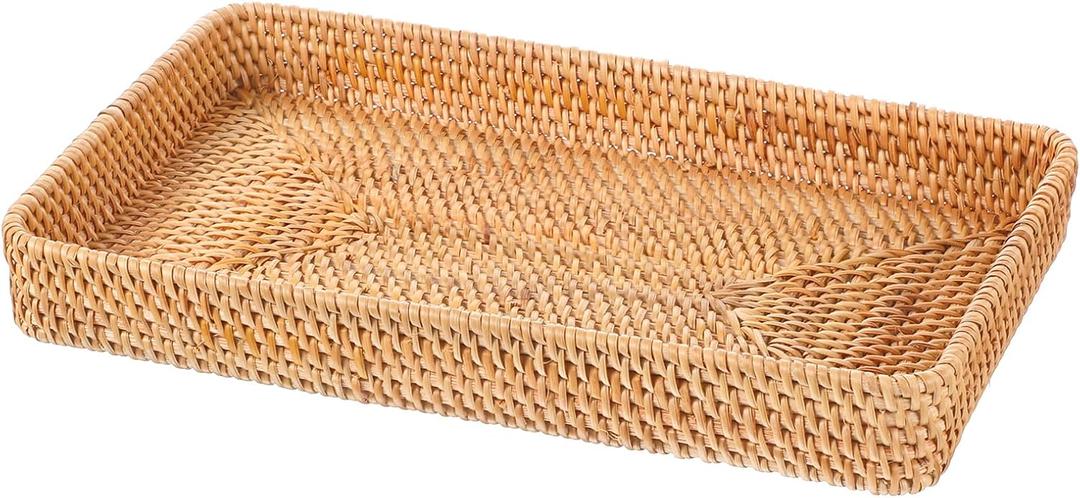 Rattan Storage Basket, 14.6x9x2 Inch Woven Rectangular Serving Tray, Decorative Wicker Organizer Bin for Bathroom, Kitchen, and Home Decor, Natural Material