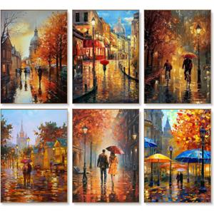 DIYGEMDOT 6 Pack DIY Paint by Numbers Kit for Adults & Beginners, A Walk in The Rain Easy Paint by Number Kits, 9.8 X 13.8 inches for Home Decor (Z002)