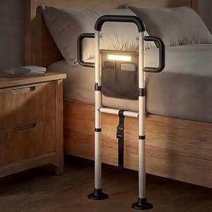 Xalirium Bed Rails for Elderly Adults Safety, 400 Lbs Support for Seniors, ASTM-Certified Height Adjustable Bed Assist Rail with Motion Sensor Light, Triple Non-Slip Handles & Dual Storage Pockets