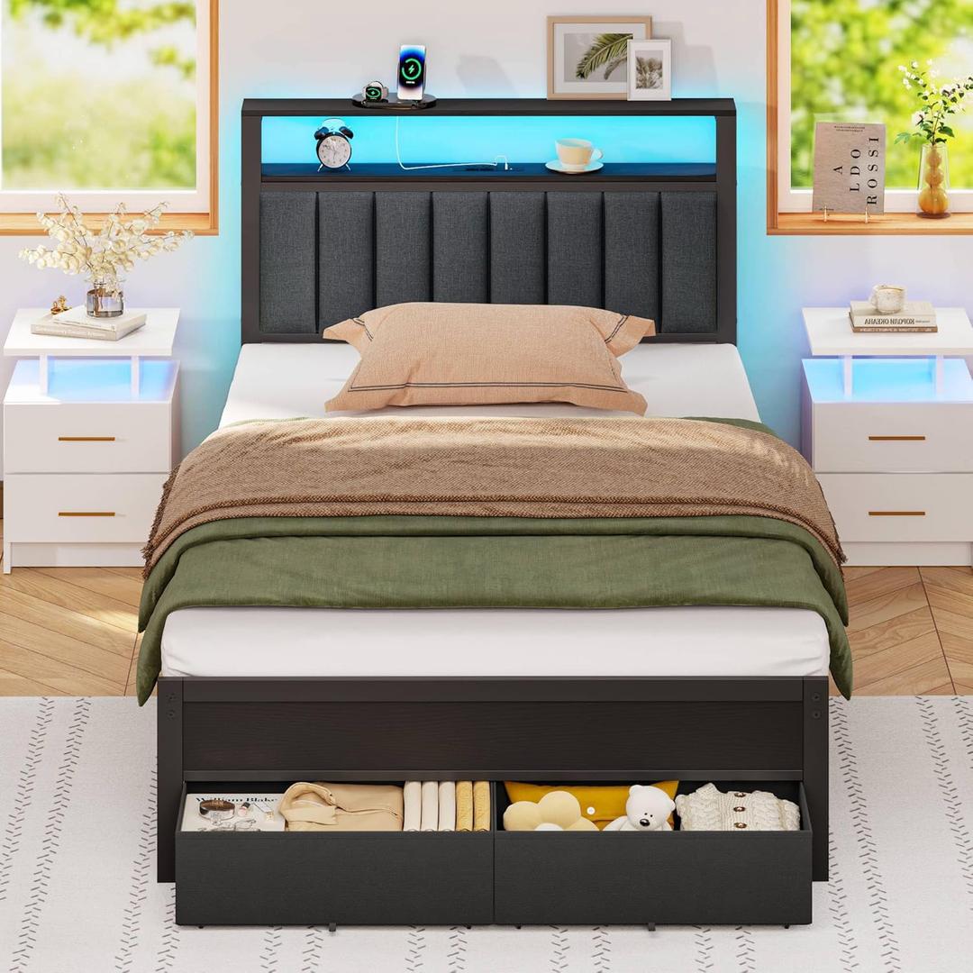 Furnulem Twin Bed Frames with Charging Station and LED Lights, Grey Upholstered Headboard with Shelves, Metal Platform Bed with 2 Under-Bed Storage (Fabric Drawer on Wheels), No Box Spring Needed