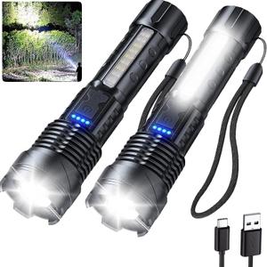 Flashlights High Lumens Rechargeable 2 Packs, 90,000L High Lumens Led Tactical Flashlight Battery Powered with 7 Light Modes, Cob Side Light, USB C, Waterproof, Zoomable, Powerful Handheld Flash Light