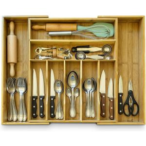 Bamboo Drawer Organizer | Expandable Silverware & Utensil Organizer for Kitchen | Flatware Cutlery Tray with Adjustable Dividers | Wooden Drawer for Knives, Spoons & Forks | Natural Bamboo