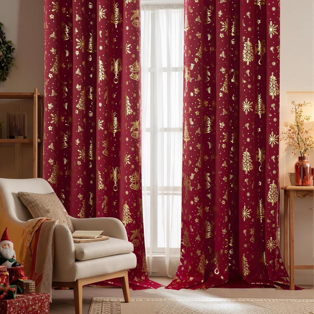NICETOWN 2 Panels Christmas Red Rod Pocket Curtains 52 x 95 Inch, Gold Stamped Holiday Window Drapes for Xmas Decorations, Festive Room Darkening Curtain Set for Living Room Bedroom, Seasonal Style