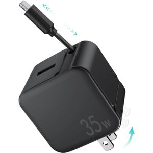 Retractable Wall Charger Block for iPhone, 35W PD Fast Charger with Retractable Lightening Cable and USB Port, Portable Charger Adapter with Foldable Plug for iPhone14/13/12,iPad,Air-Pods Black