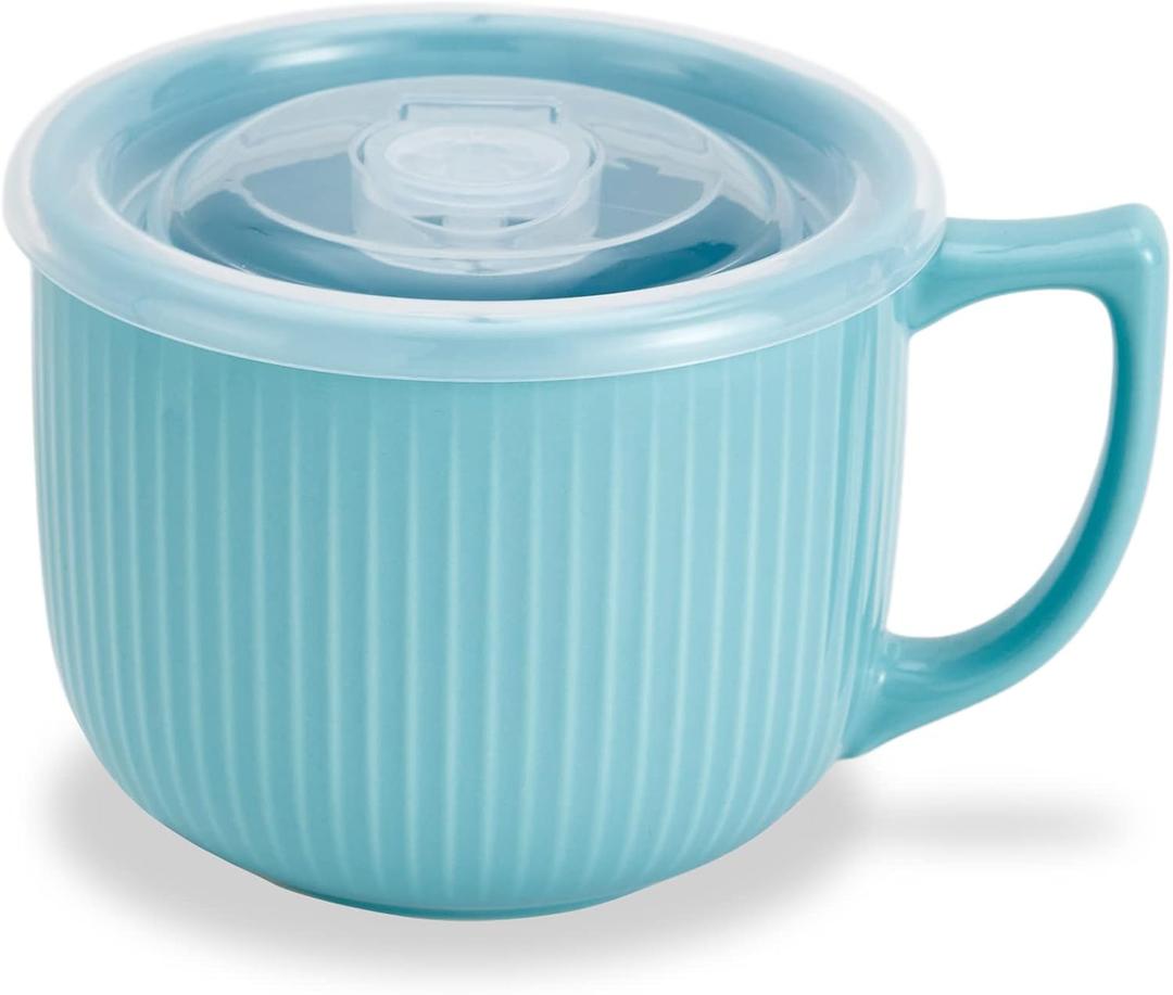 Ceramic Soup Bowl with Handle 32oz  Microwave Ramen Bowl with Lid, Soup Mugs & Cups for Cereal, Oatmeal, Ramen, Instant Noodle, Soup Container with Lid - (Blue)