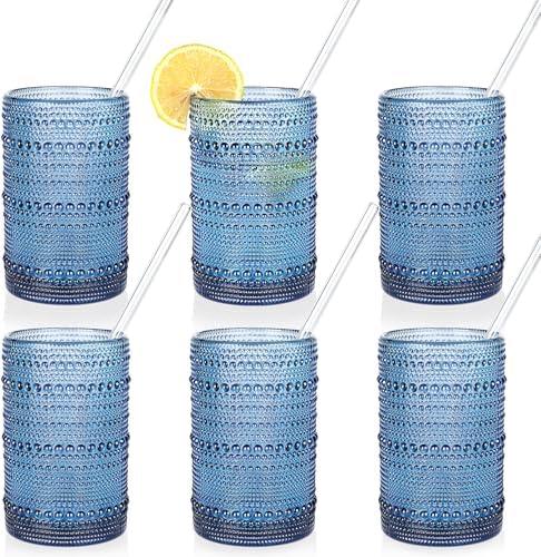 Large Hobnail Drinking Glasses Set of 6, 15oz Blue Vintage Glassware, Embossed Glass Cups, Water Tumbler, Highball Glasses For Beer, Juice And Various Mixed Drinks