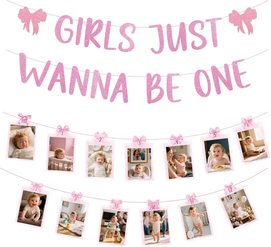 Girls Just Wanna Be One Birthday Decorations, Pastel Pink and Purple Bow Themed Banner and Photo Garland Set, Baby Girl First Birthday Decorations