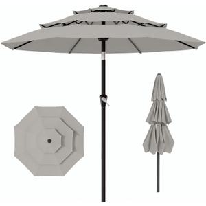 AreShark 9ft 3-Tier Patio Umbrellas, Outdoor Umbrella with 8 Sturdy Ribs UV Protection Windproof, Market Table Umbrella w/Push Button Tilt & Crank for Pool, Porch, Deck, Garden(Foggy Gray)