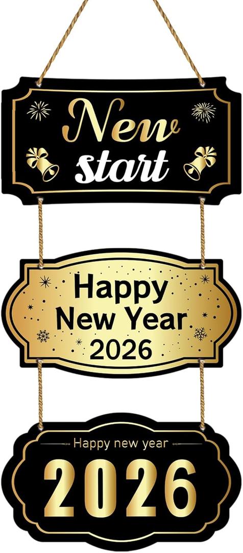YUNKKIN Happy New Year Sign 2026 Black Gold New Years Wreath Door Sign Wooden Front Door Decorations Hanging Decor for Porch Wall Indoor Home Decor
