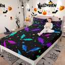 Erosebridal Halloween Bat Bedding Set King Size Glitter Stars Galaxy Bed Sheet Set for Kids Child, Cartoon Gothic Bats Fitted Sheet Halloween Decorations Teal Blue Green Purple (Multi 10)