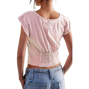 Women Y2k Cap Sleeve Crop Top Deep V Neck Low Cut Shirt Casual Slim Fit Solid Tees Summer Streetwear (Pink, S)