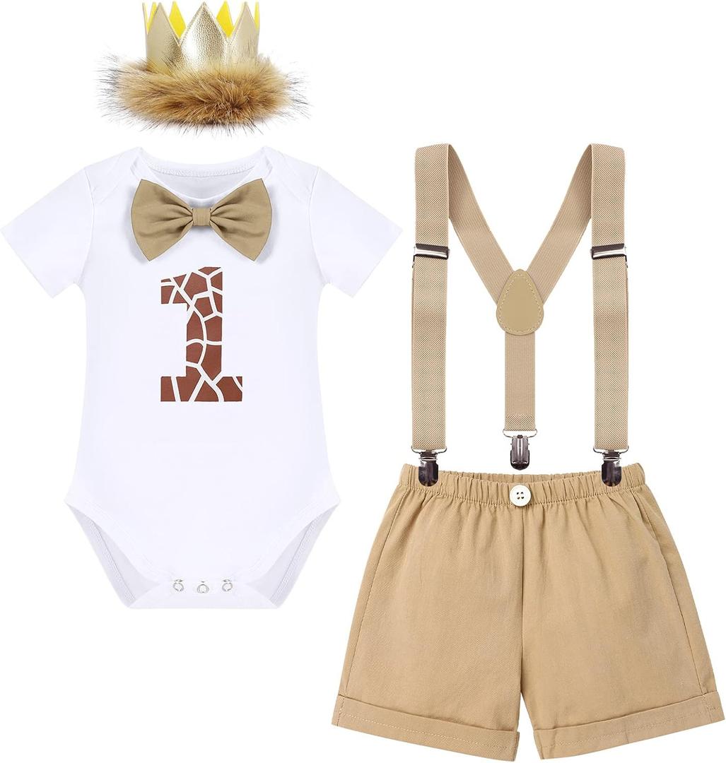 IBTOM CASTLE Baby Boy First Birthday Outfit Jungle Theme Romper+Shorts+Y-Back Suspenders+Headband 4PCS Clothes Photo Props (1T, Khaki)