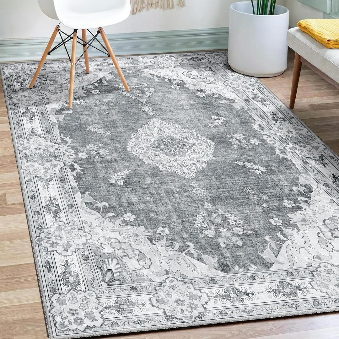 MUJOO Grey Rug 3'x5' Washable, Boho Area Rugs for Entryway Bedroom Living Room Kitchen,Small Vintage Bohemian Distressed Farmhouse Non Slip Carpet,Floral