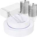 SUT 175 Piece Silver and White Plastic Dinnerware Set for 25 Guests, Disposable Plastic Plates, Include: 25 Dinner Plates, 25 Dessert Plates, 25 Pre Rolled Napkins with Silver Silverware, 25 Cups